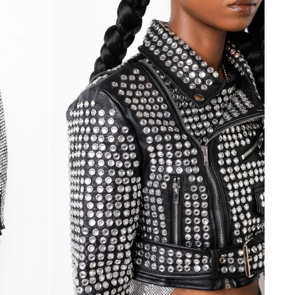 Callie Lives Xena 3006 Black AZALEA WANG 3000 Rhinestone Studded Moto Jacket ML - Picture 6 of 14